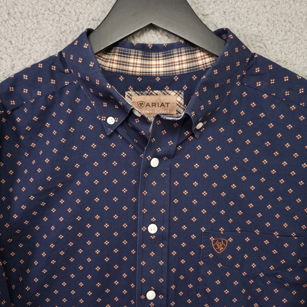 Ariat Kaiser Shirt Mens XXL Blue Tan Geo Print Long Sleeve Wrinkle Free Rodeo - Picture 10 of 16